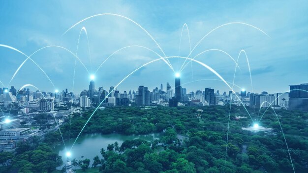 Smarte digitale Stadt mit Verbindungsnetz Reziprozität über das Stadtbild