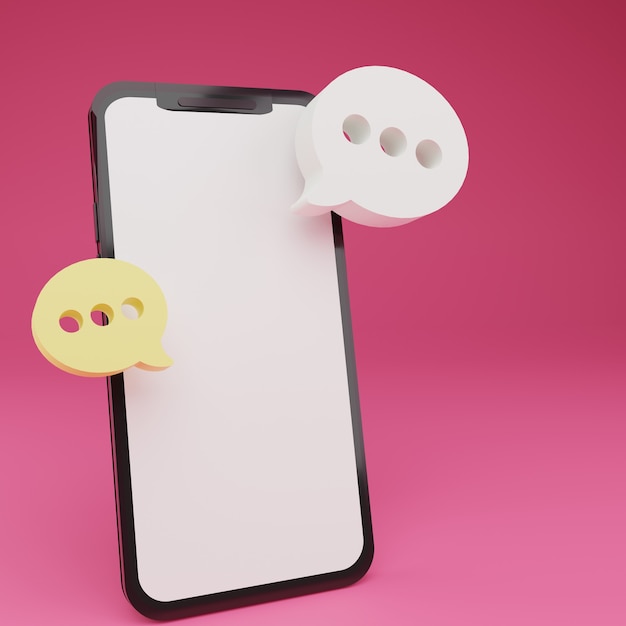 Smartphone 3d com bate-papo de duas bolhas flutuantes em fundo rosa