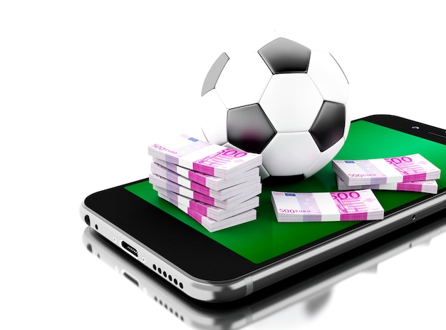 Smartphone 3d com bola de futebol e dinheiro.