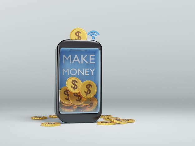 Smartphone 3D com conceito de ganhar dinheiro