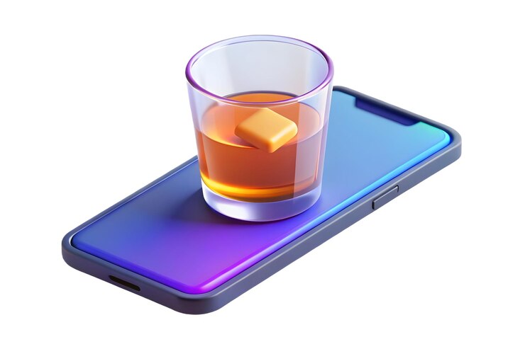 Foto smartphone 3d com copo de uísque holográfico flutuando acima isolado em branco com concepção de espaço de cópia