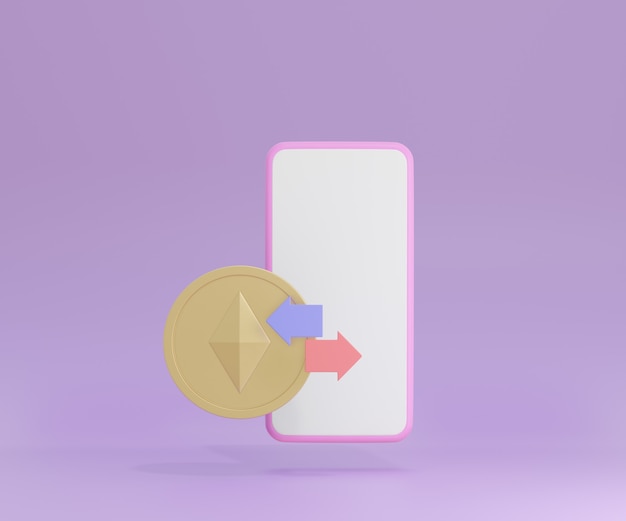 Smartphone 3d com moeda de ouro e flecha em fundo roxo. conceito de criptomoeda ethereum. renderização de ilustração 3d.