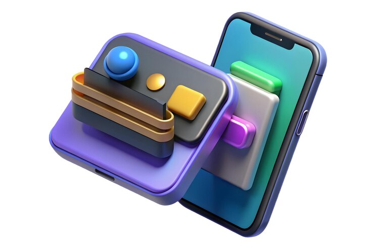 Foto smartphone 3d con concepto de tarjetas de crédito holográficas como una toma horizontal de un teléfono inteligente colocado en un w
