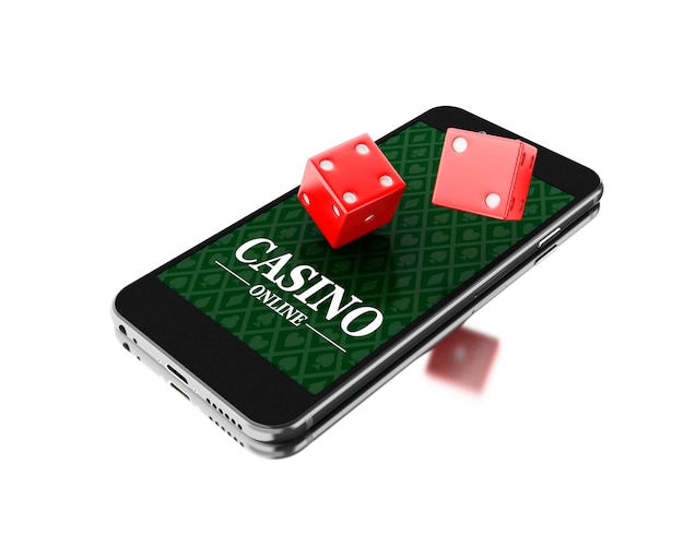 Smartphone 3d con dados. Concepto de casino en línea.