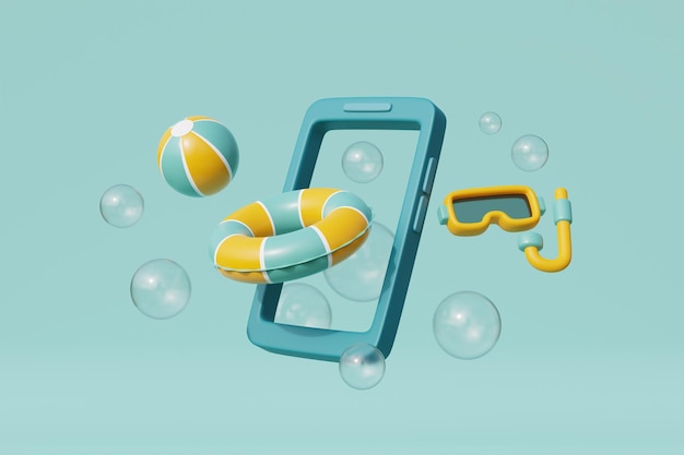 Smartphone 3d con elementos de verano bola de playa y snorkel Vacaciones de verano renderización 3d