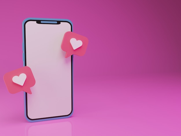 Smartphone 3d con emoticon de amor flotante en fondo rosa