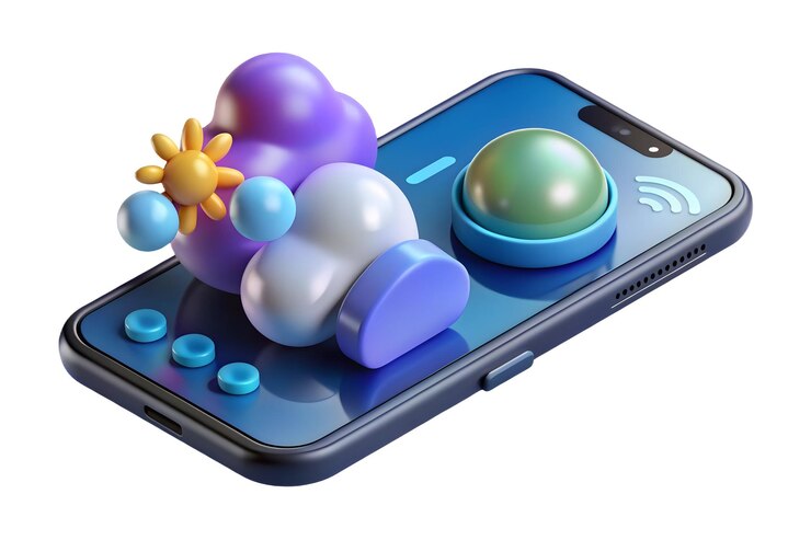 Foto smartphone 3d con visualización holográfica del pronóstico del tiempo concepto de tecnología futurista para el tiempo