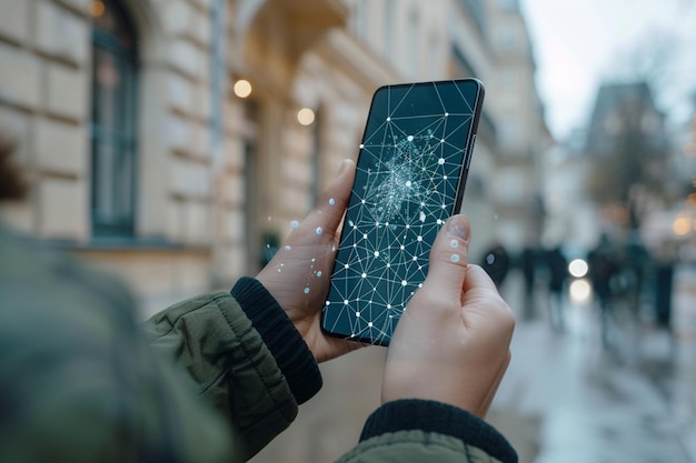 Foto smartphone à mão com tecnologia de pontos de rede criada com ia gerativa