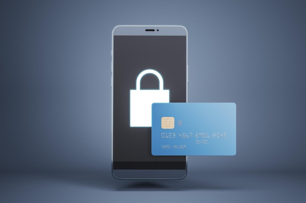 Smartphone abstracto con candado y tarjeta de crédito en fondo gris Compra en línea y concepto de seguridad web Renderización 3D