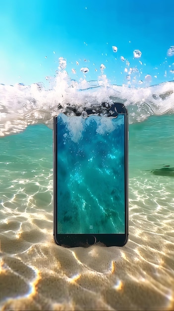 Smartphone en el agua en una playa de arena renderización 3D