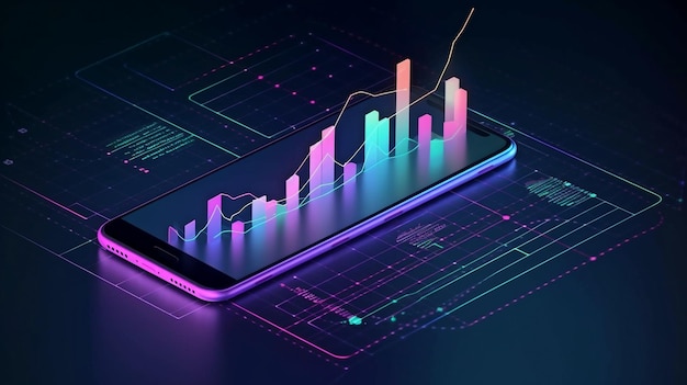 Smartphone-Anwendung mit Geschäftsgrafik und Analysedaten auf isometrischem Mobiltelefon Generative KI