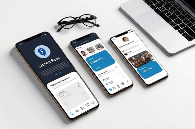 Smartphone-App-Schnittstelle und Social-Post-Präsentations-Mockup isoliert