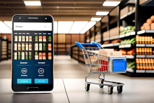 Smartphone-Attrappe mit Supermarkt-Einkaufswagen und Kartons in realistischer 3D-Darstellung