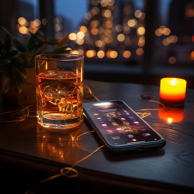 Smartphone auf dem heimischen Tisch mit einem Glas Whiskey 2