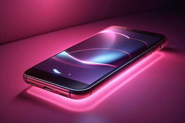 Smartphone auf einem dunklen Hintergrund in rosa Beleuchtung 3D-IllustrationSmartphone auf einem dunklen Hintergrund in rosa Beleuchtung 3D-Illustration