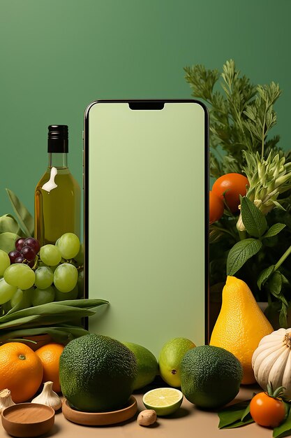 Foto smartphone auf einem grünen hintergrund mit gemüse obst online-supermarkt-konzept