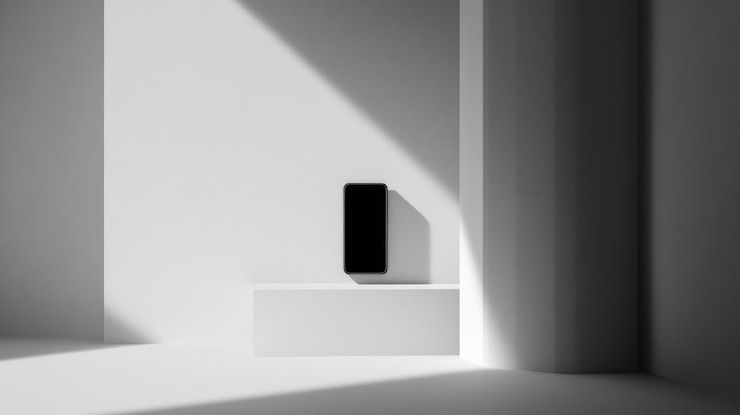 Foto smartphone auf einem weißen regal in einem minimalistischen raum mit sonnenlicht