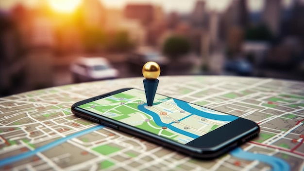 Smartphone auf Tischplatte mit Karte und Standort-Pin verwischen Hintergrund des Verkehrs schöne generative KI AIG32