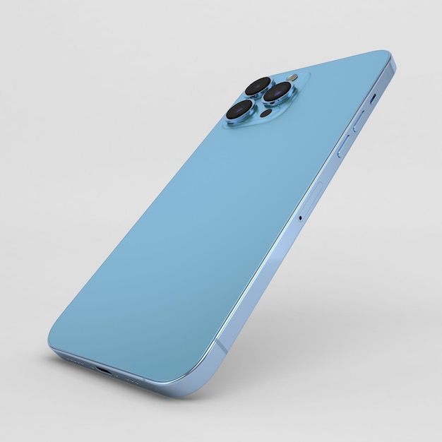 Foto smartphone azul flutuante atrás lado esquerdo em fundo branco