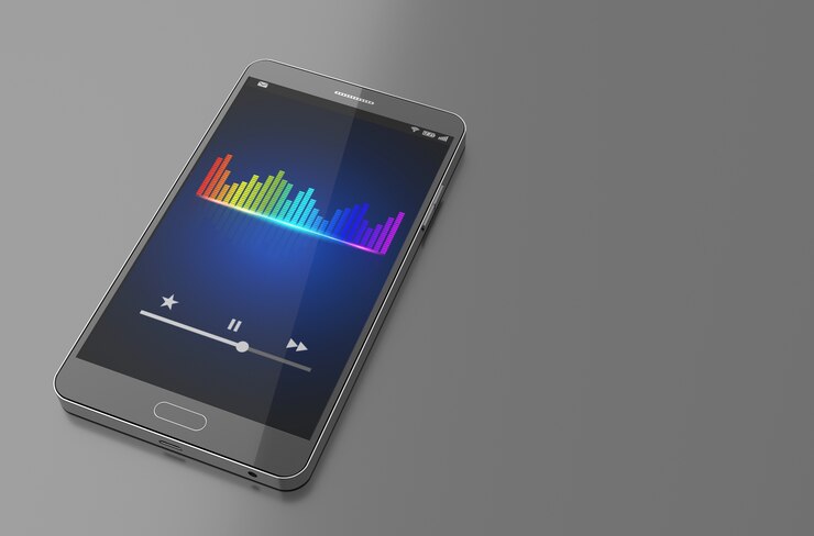 Foto smartphone con barra de ecualizador de música en la pantalla.