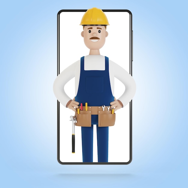 Smartphone-Bildschirm mit Assistenten Ehemann für eine Stunde Elektriker Klempner Zimmermann ruft den Vorarbeiter an, um 3D-Illustration im Cartoon-Stil zu arbeiten