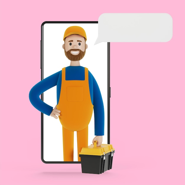 Smartphone-Bildschirm mit Assistenten Ehemann für eine Stunde Elektriker Klempner Zimmermann ruft den Vorarbeiter an, um 3D-Illustration im Cartoon-Stil zu arbeiten