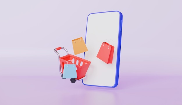 Smartphone con bolsa de carrito para el concepto de plataforma de compras en línea