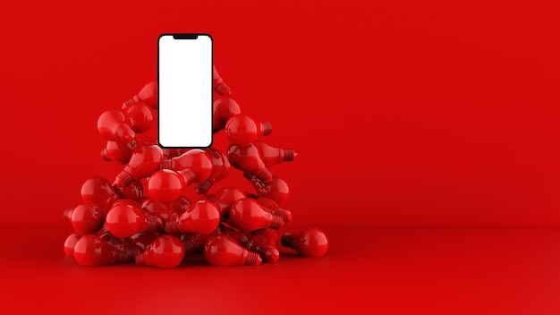 Smartphone y bombillas sobre fondo rojo Ilustración 3D