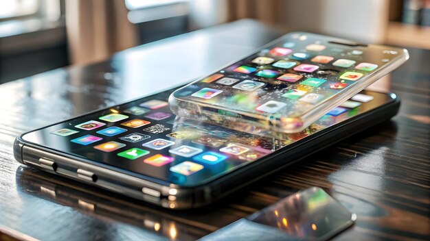 Smartphone brillante con monedas holográficas flotantes y un concepto de visualización de calculadora como A en línea