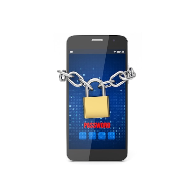 Smartphone con cadena y candado, concepto de seguridad.