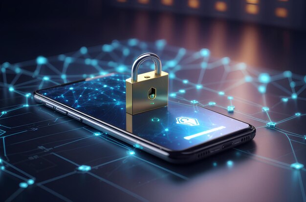 smartphone con candado cerrado en la pantalla holograma del concepto de ciberseguridad