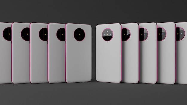 Smartphone capa traseira branca e moldura rosa metal fundo escuro renderização em 3d