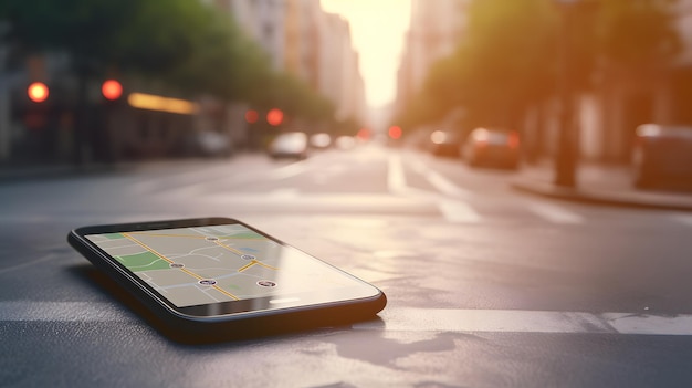 Foto smartphone captura a faixa de pedestres da cidade à noite com arredores detalhados e mapas de ruas abertos