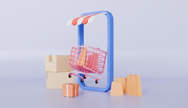 Smartphone con carrito de compras y bolsas de papel compras en línea con concepto de tienda de aplicaciones de teléfonos móviles