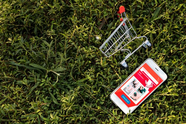 Smartphone y carrito de compras sobre la hierba verde. Compras en línea o concepto de comercio electrónico en el sitio web para el medio ambiente.