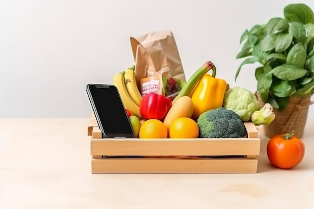 Smartphone com aplicativo de entrega de comida sobre a mesa com mantimentos frescos isolados no fundo branco gerar ai