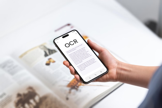 Smartphone com aplicativo OCR escaneando e digitalizando instantaneamente o texto do livro, simbolizando a capacidade da tecnologia moderna de dar vida às palavras impressas através do reconhecimento de texto em tempo real