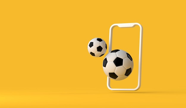 Aplicação online de futebol no smartphone tela de campos de futebol  telefone celular conceito de notícias de futebol canal de esporte  renderização em 3d