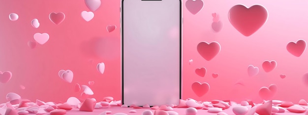 Smartphone com corações cor-de-rosa em um fundo rosa renderização 3D