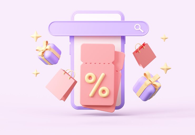 Foto smartphone com cupons de venda caixas de presente de barra de pesquisa e sacolas de compras vendas e marketing on-line