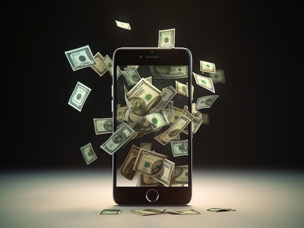 Smartphone com dólares aplicação financeira on-line