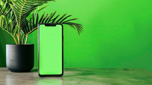 Smartphone com ecrã verde em mesa de madeira e fundo verde na parede