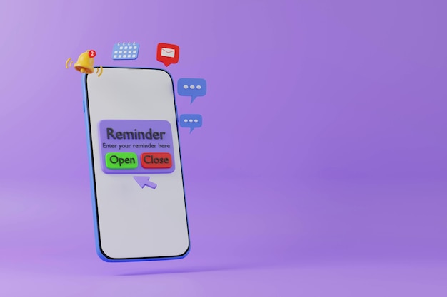 Smartphone com notificação de lembrete e calendário com ilustração de renderização 3D de caixa de correio