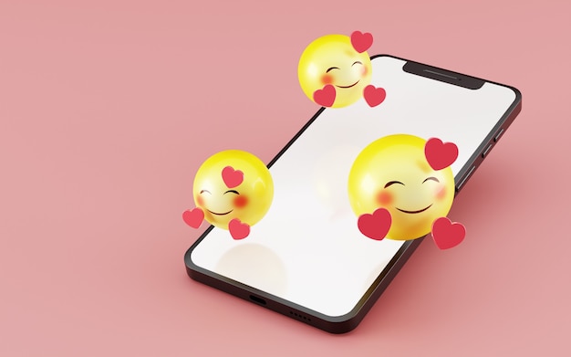 Smartphone com rosto sorridente e coração emoji 3d render