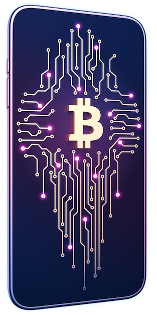 Foto smartphone com símbolo de bitcoin e placa de circuito na tela. o conceito de mineração e comércio móvel.