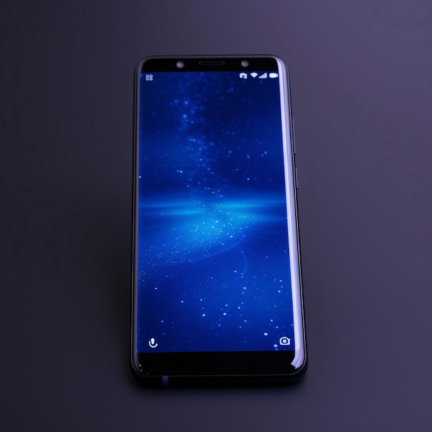 Smartphone com tela azul em fundo preto ilustração 3D