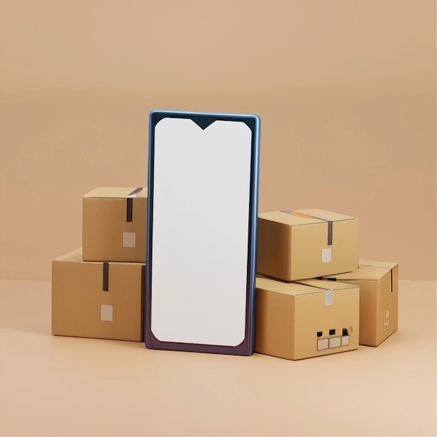 Smartphone com tela em branco e caixas de papelão com espaço de cópia em fundo amarelo Cyber segunda-feira