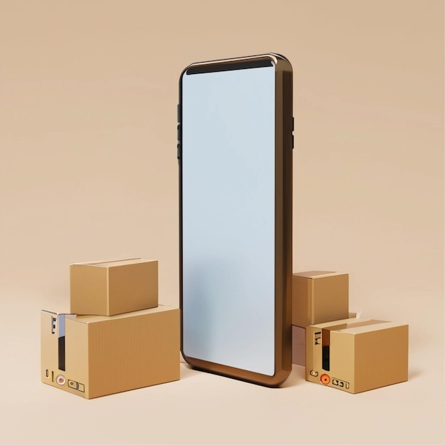 Smartphone com tela em branco e caixas de papelão com espaço de cópia em fundo amarelo Cyber segunda-feira