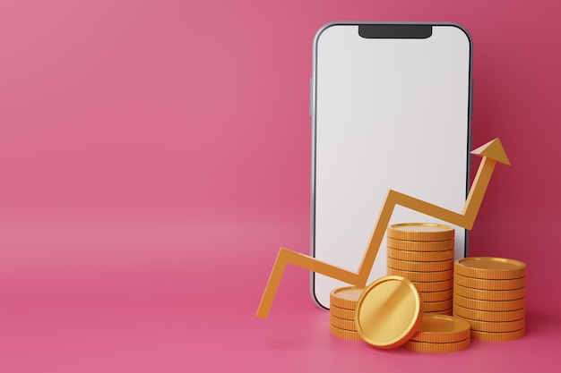 Smartphone com tela em branco e pilha de moedas carteira digital compras de aplicativos móveis moedas de setas de ourocashback e bankingeconomia de dinheiro simular espaço de cópia de tela vaziaisolar fundo 3d render