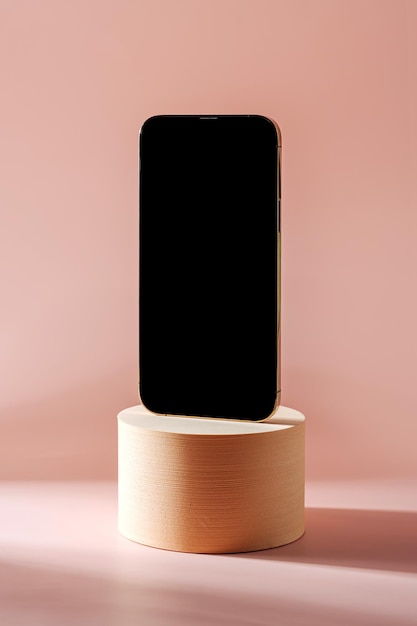 Foto smartphone com tela preta em branco celular no pódio do cilindro espaço de maquete de pedestal para exibição do aplicativo